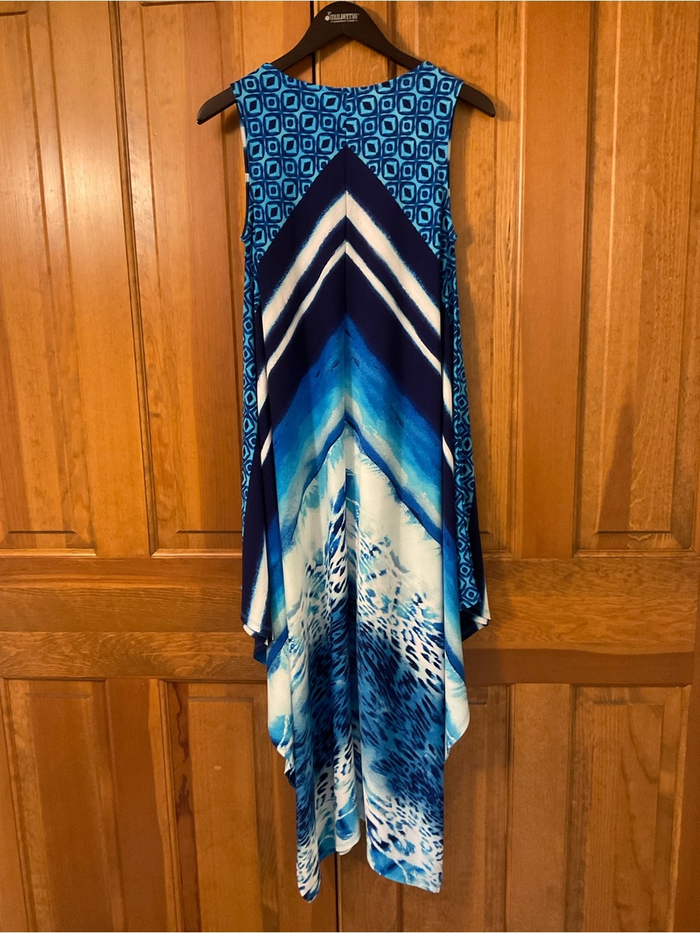 Chico's Blue Multi-Print Asymmetrical Handkerchief Hem Sleeveless Dress. Sz S - Picture 3 of 4